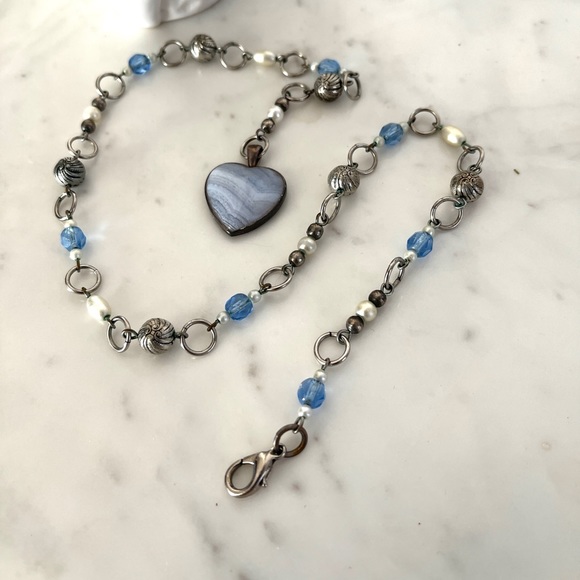 Clouds & Sky Blue Lace Agate Heart Gemstone Chain Lariat Choker Necklace - Picture 2 of 6